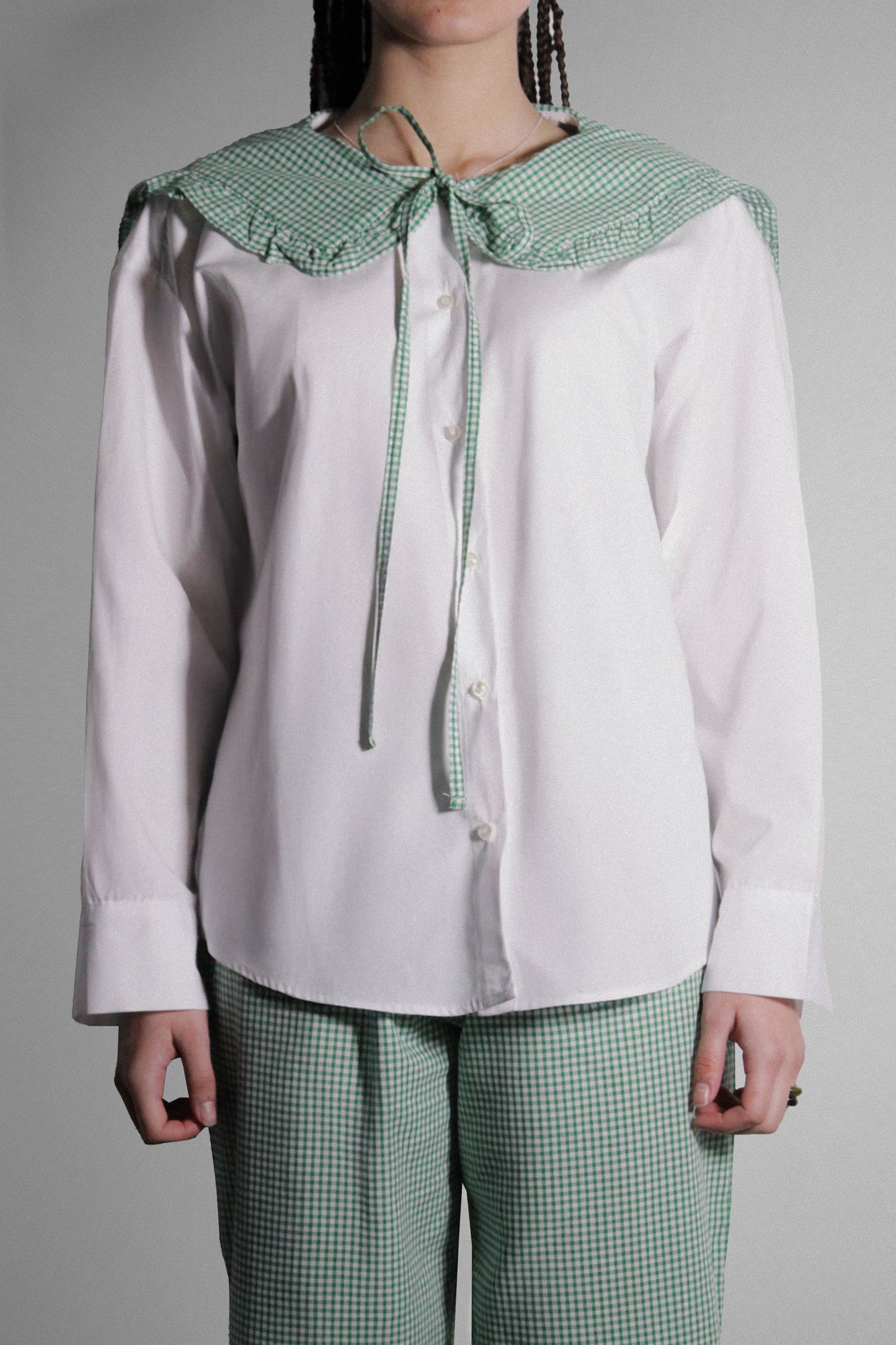 White Button-Up Shirt with Green Gingham Collar