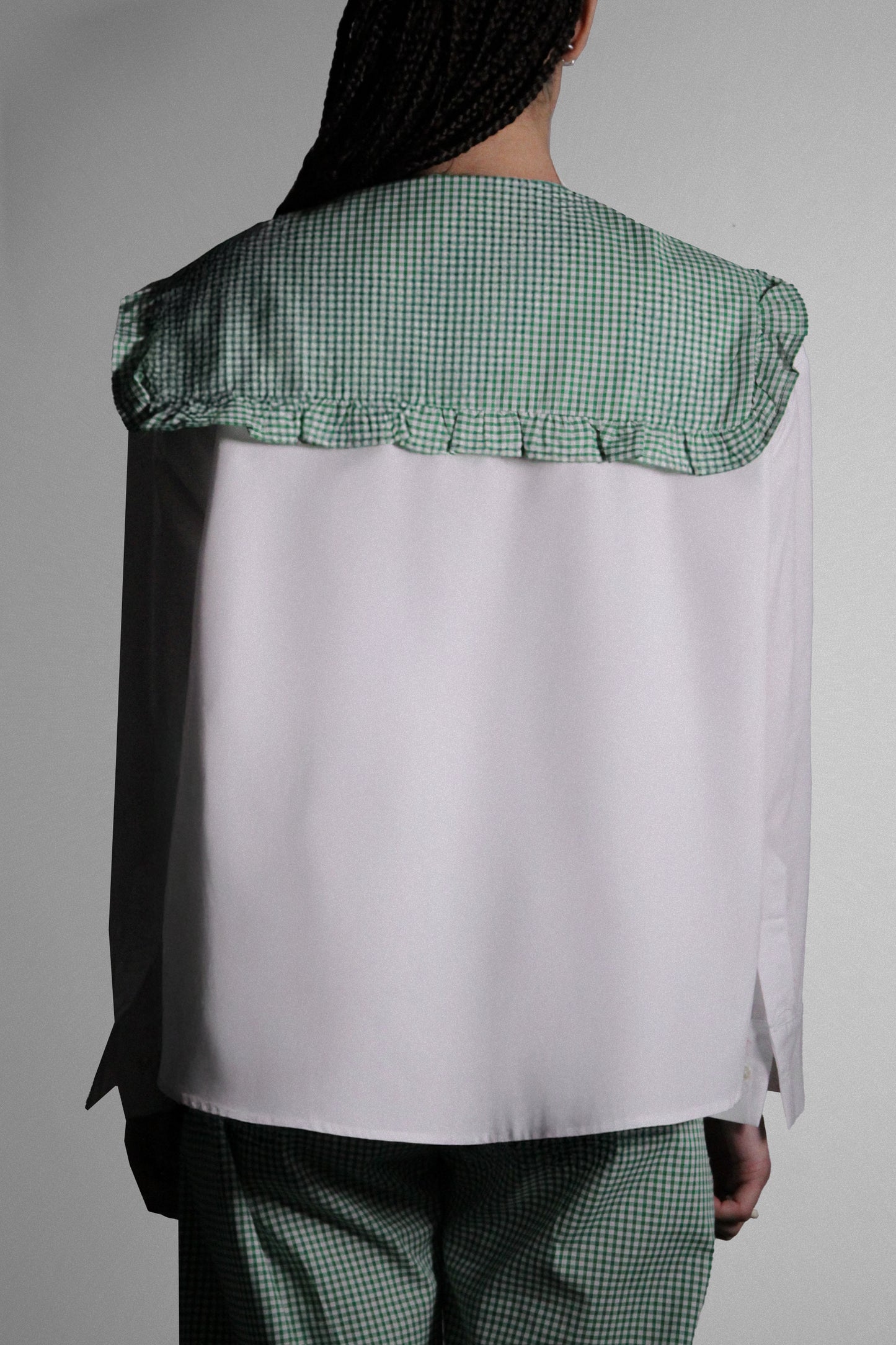 White Button-Up Shirt with Green Gingham Collar