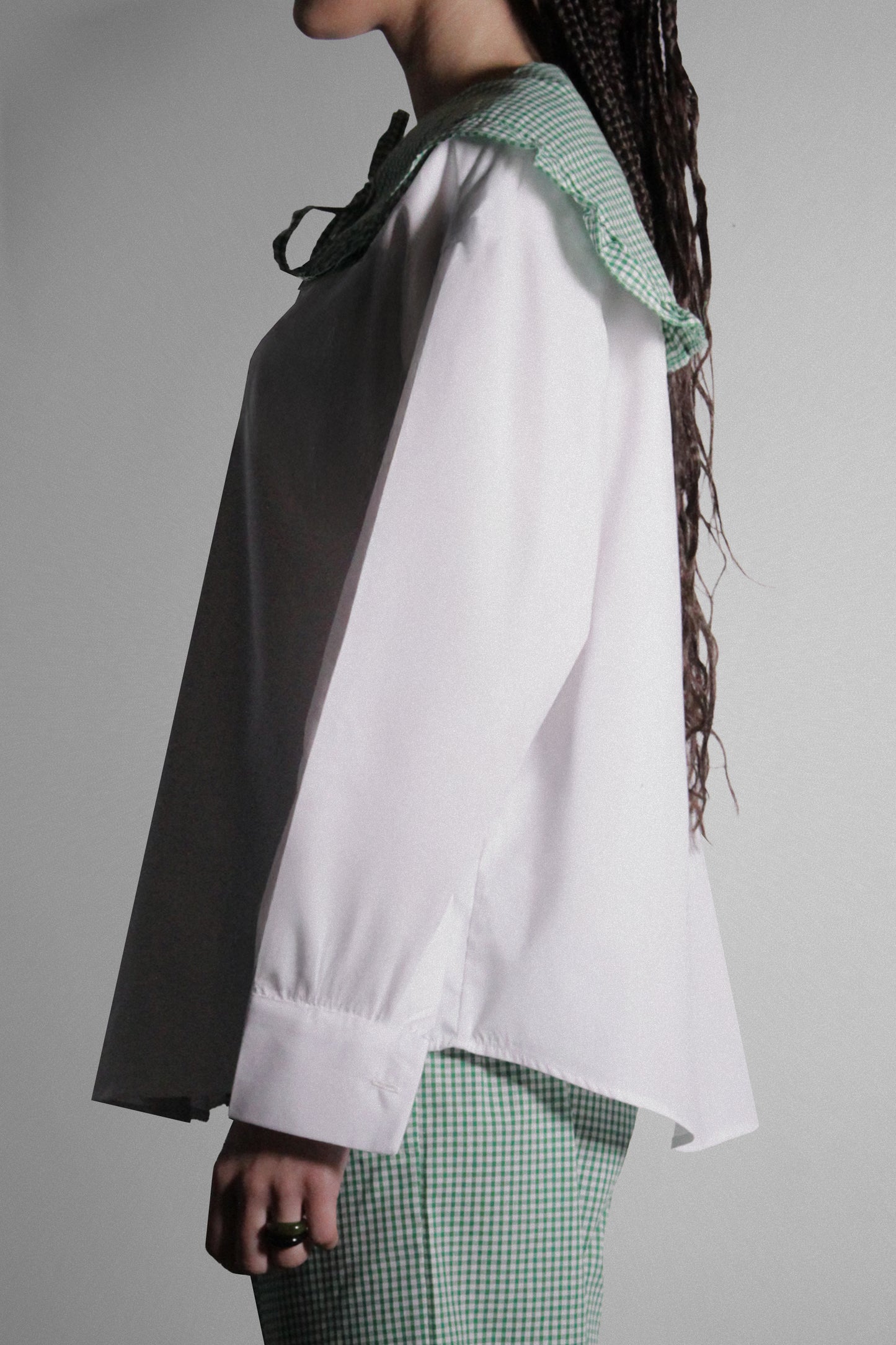 White Button-Up Shirt with Green Gingham Collar