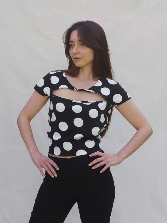 Black and White Cut Out Front Polka Dot Top -1