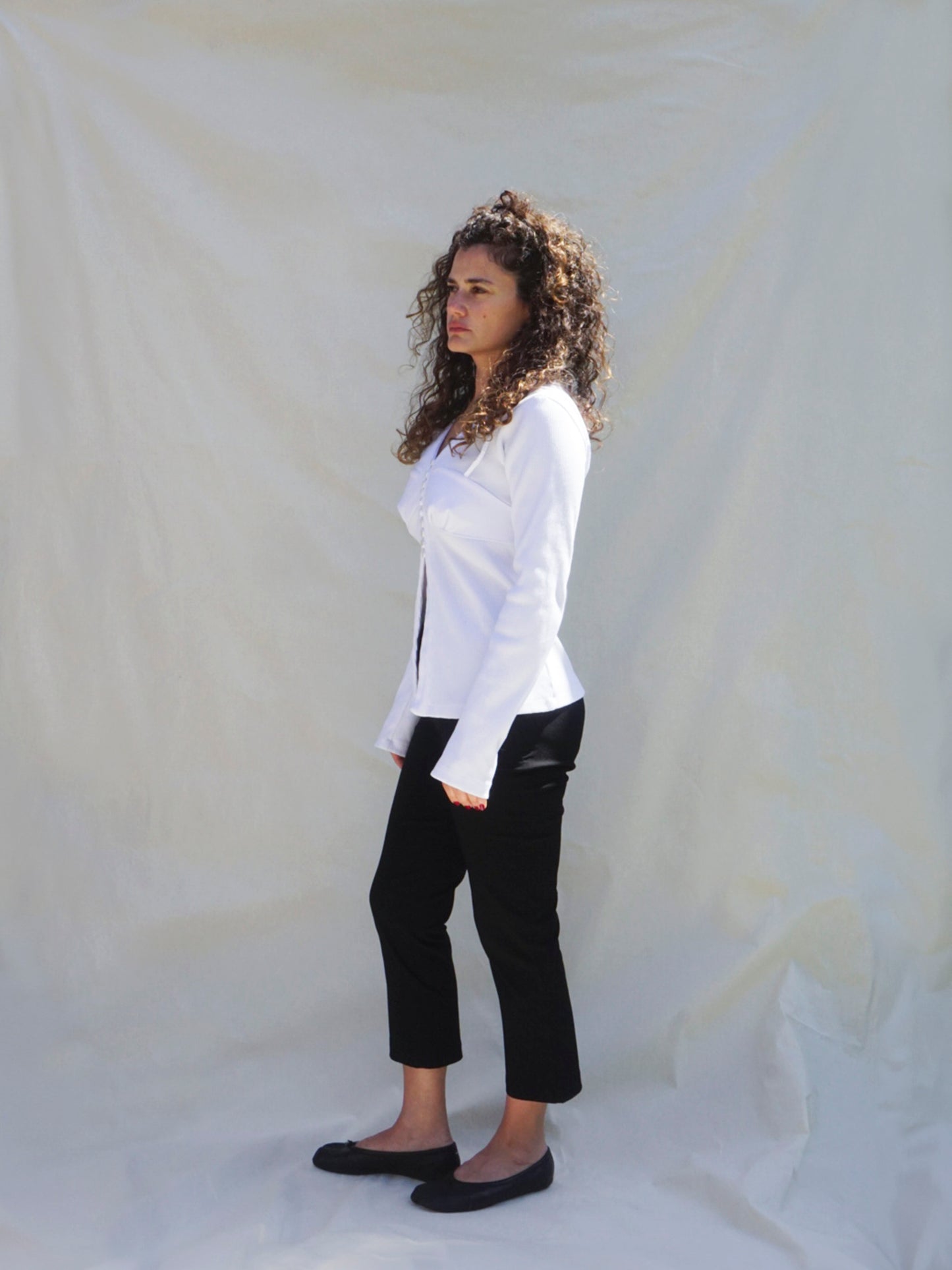 White V-Neck Buttoned Cardigan with Bust Detail - 100% Cotton