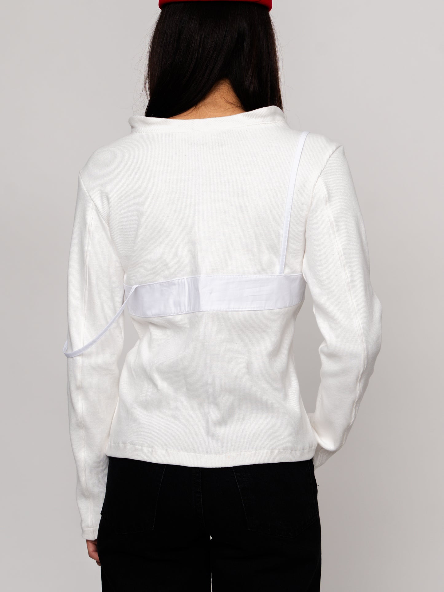 White V-Neck Buttoned Cardigan with Bust Detail - 100% Cotton