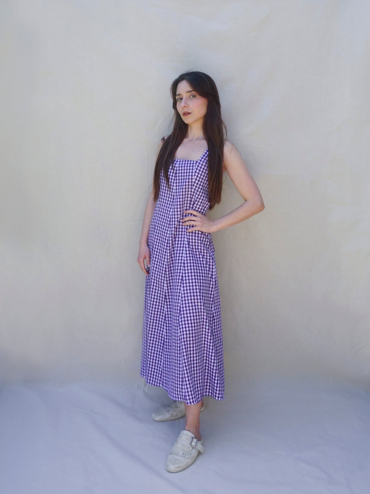 Purple Gingham Square Neck A Line Dress
- FRont