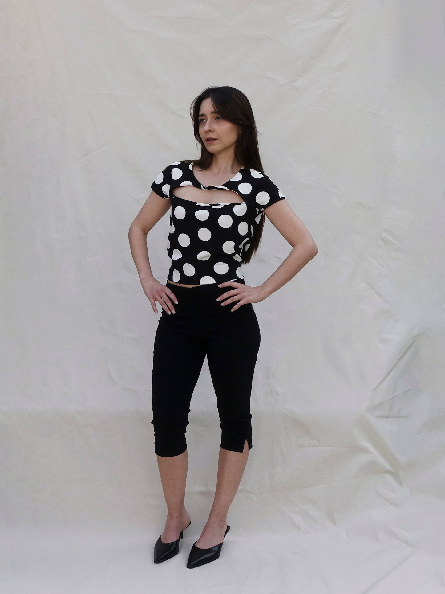 Black and White Cut Out Front Polka Dot Top - outfit