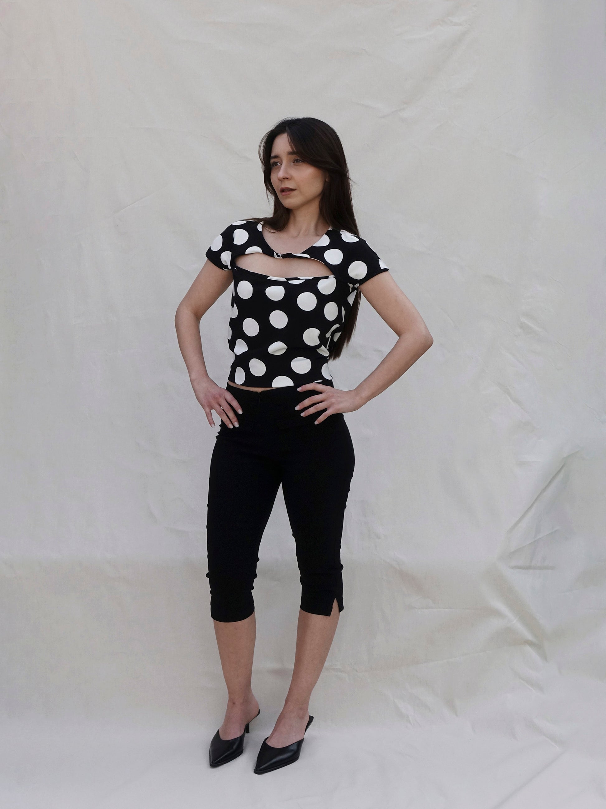 Black and White Cut Out Front Polka Dot Top - outfit