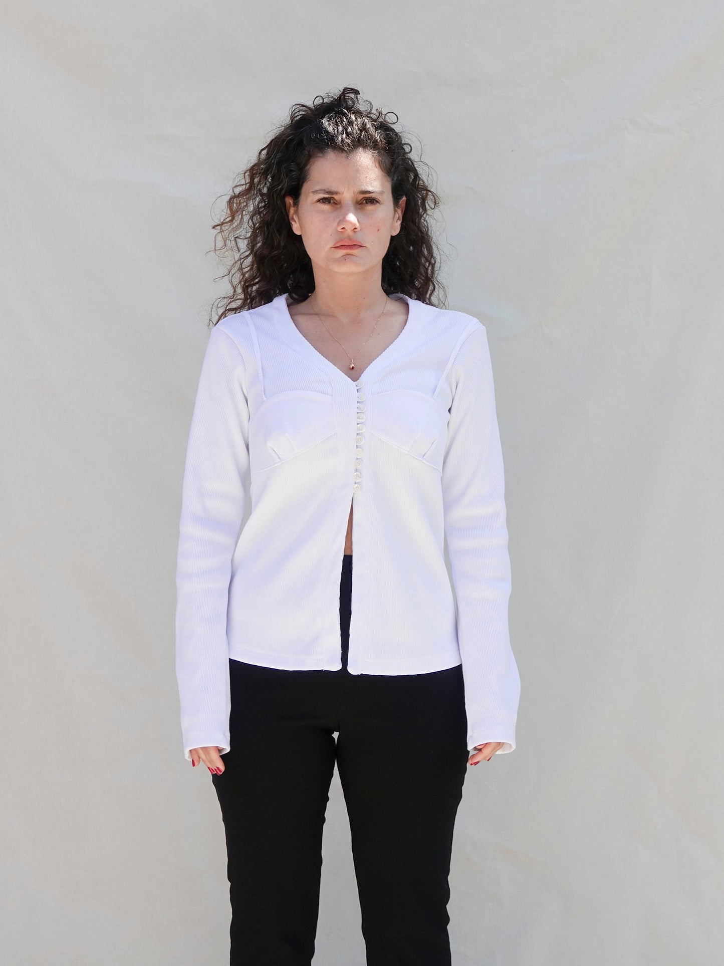 White V-Neck Buttoned Cardigan with Bust Detail - 100% Cotton