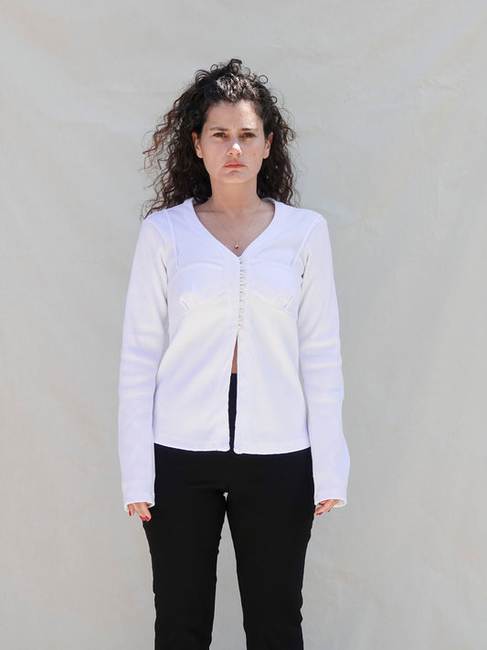 White V-Neck Buttoned Cardigan with Bust Detail - 100% Cotton