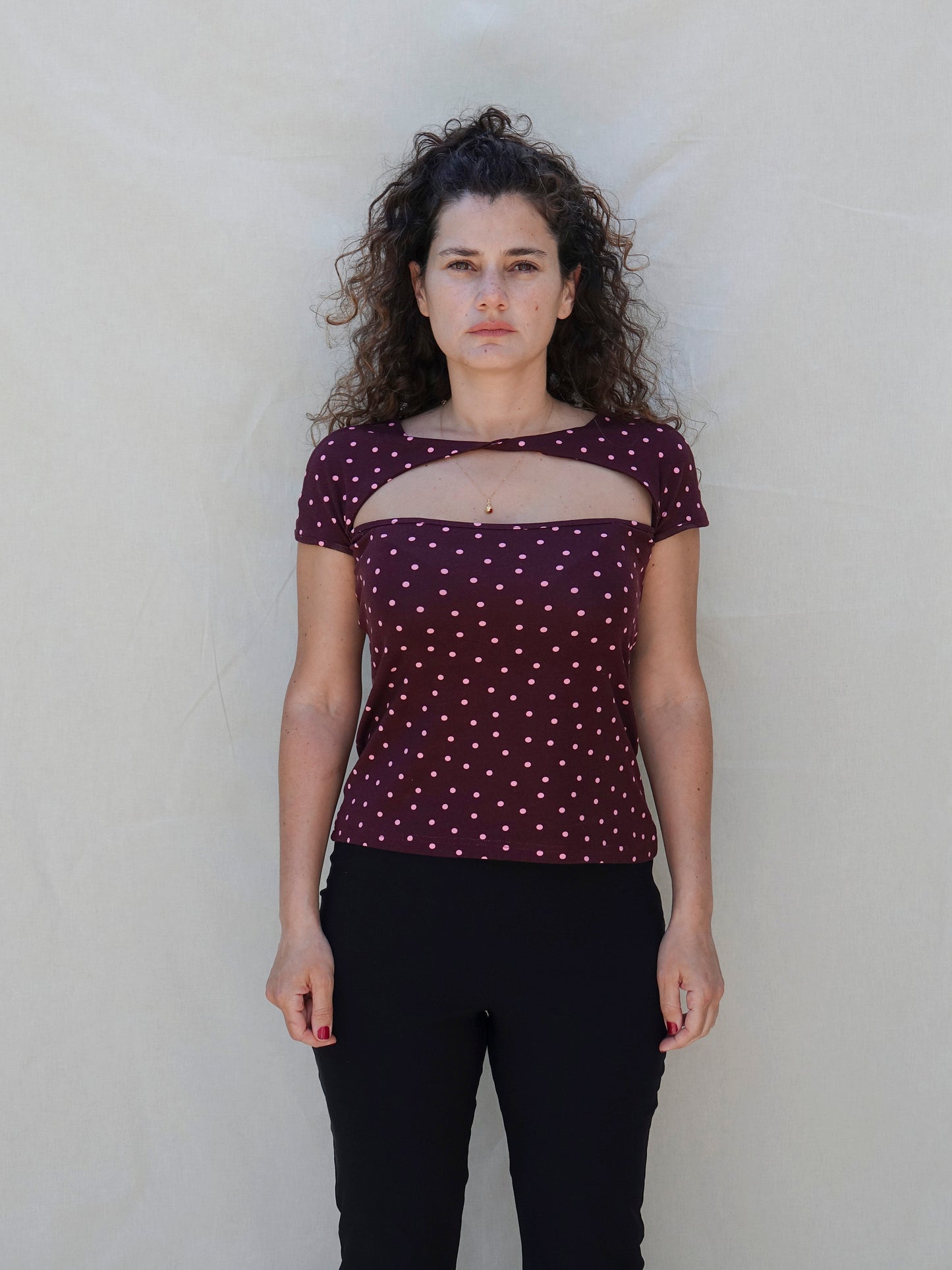 Brown- Pink Cut Out Front Polka Dot Top