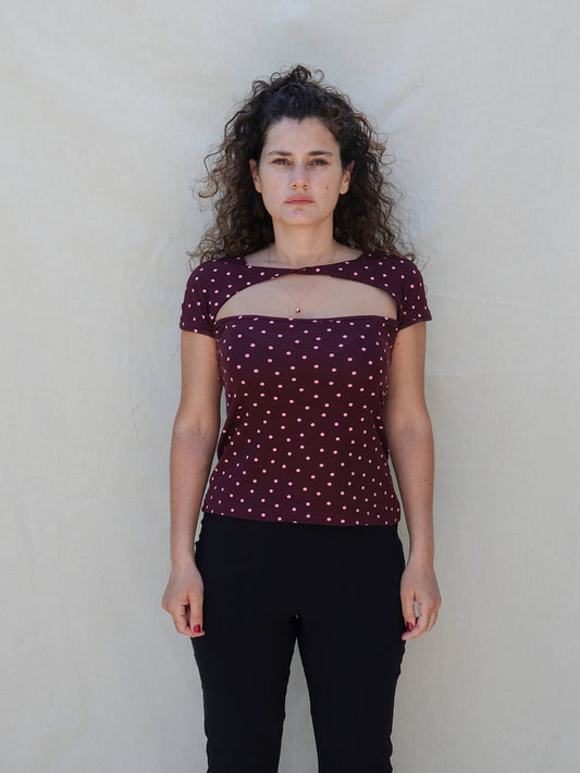 Brown- Pink Cut Out Front Polka Dot Top