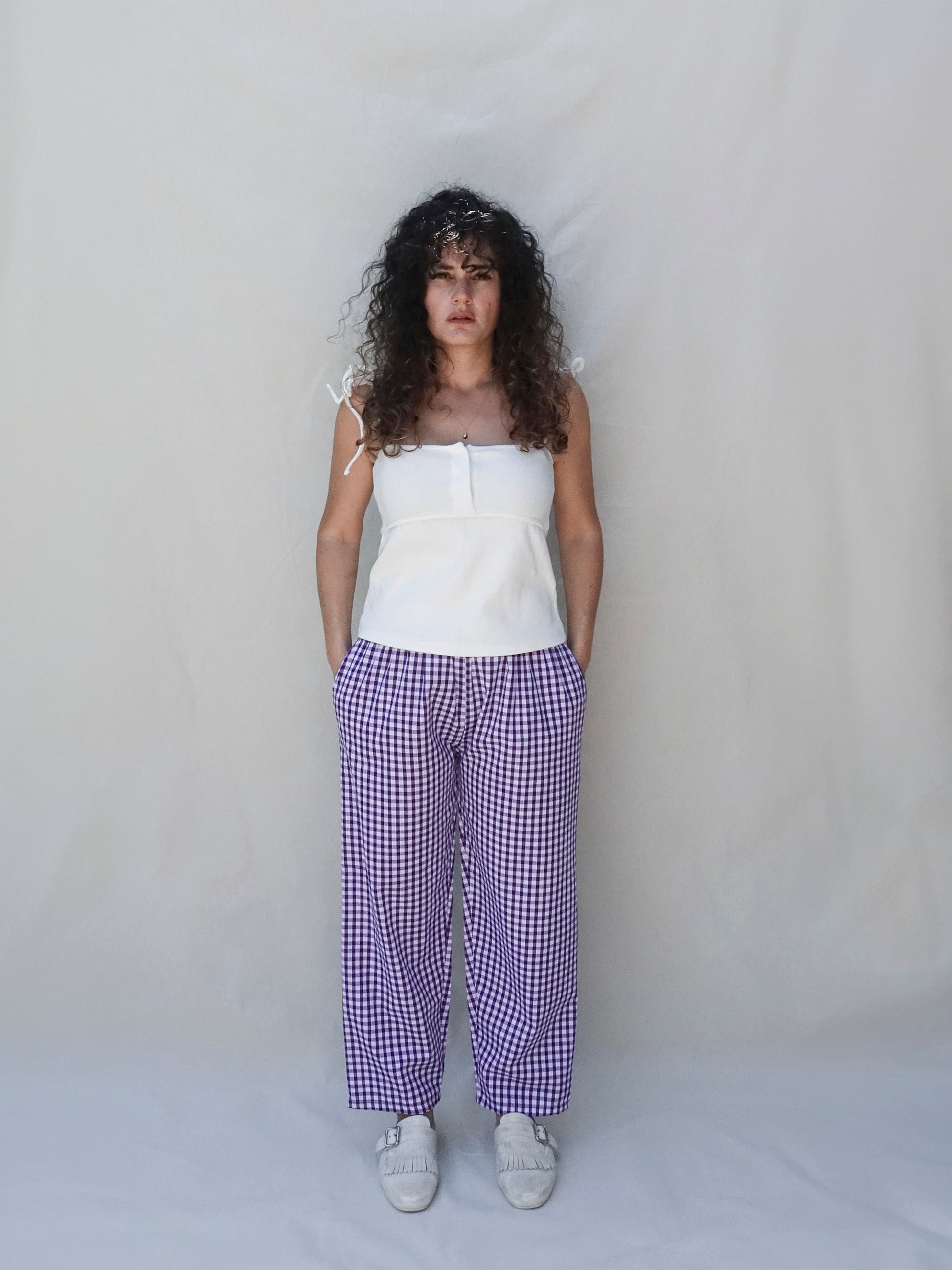 Purple Gingham Wide Leg Trousers