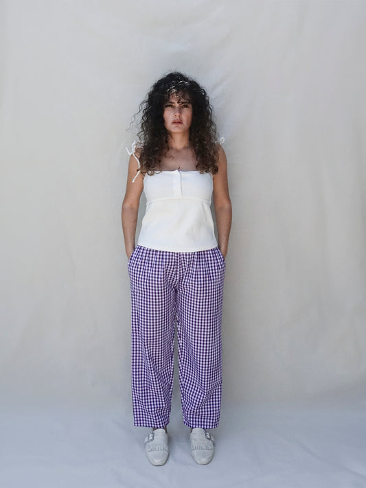 Purple Gingham Wide Leg Trousers