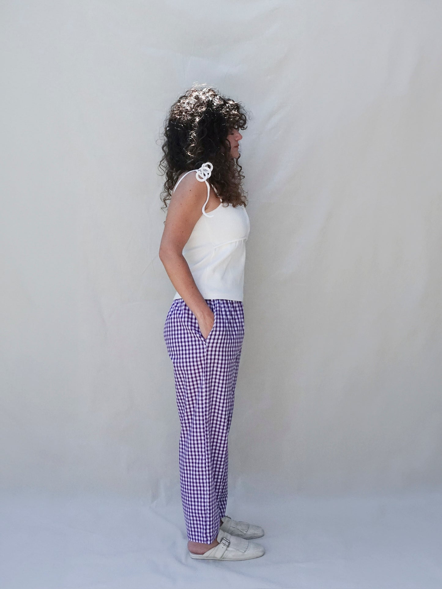 Purple Gingham Wide Leg Trousers - side
