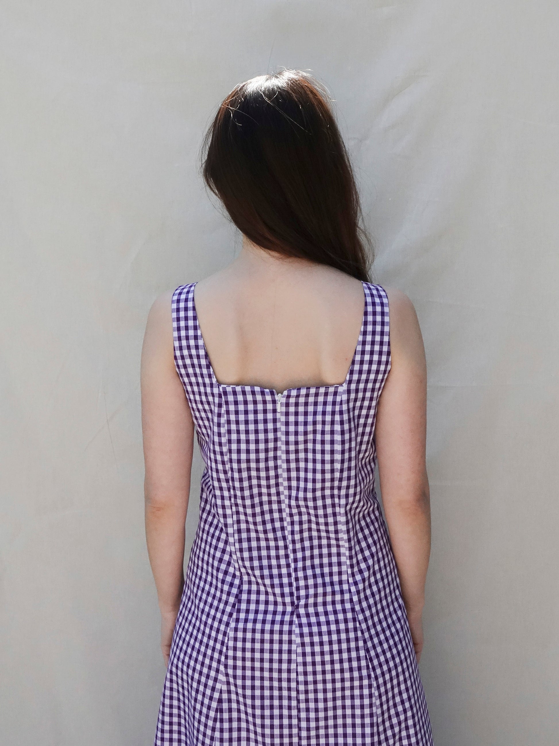 Purple Gingham Square Neck A Line Dress
 - Back
