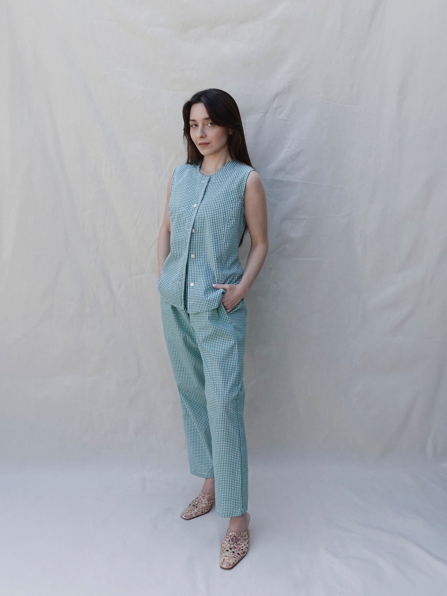 Green Gingham Elasticated Waist Trousers