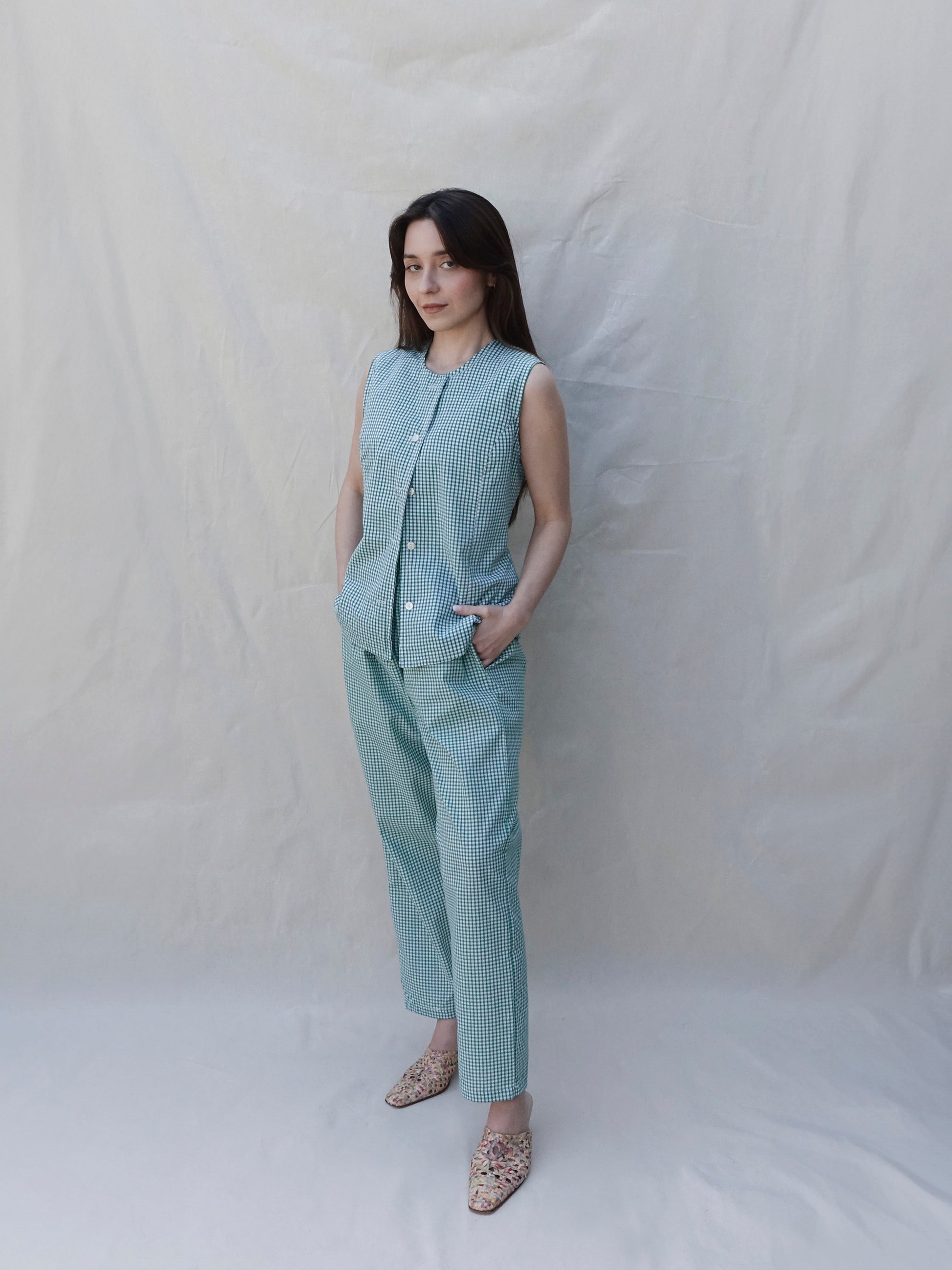 Green Gingham Elasticated Waist Trousers