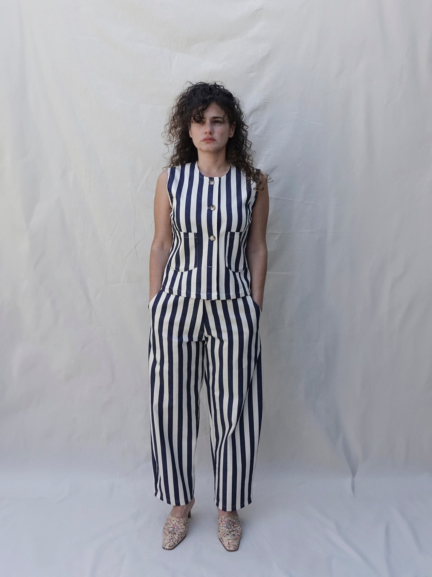Navy-White Striped Wide Leg Co-ord Trousers