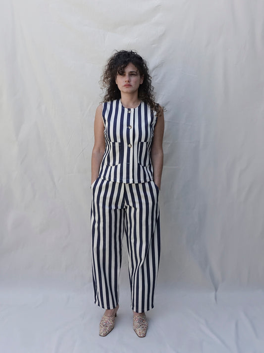 Navy-White Striped Wide Leg Co-ord Trousers