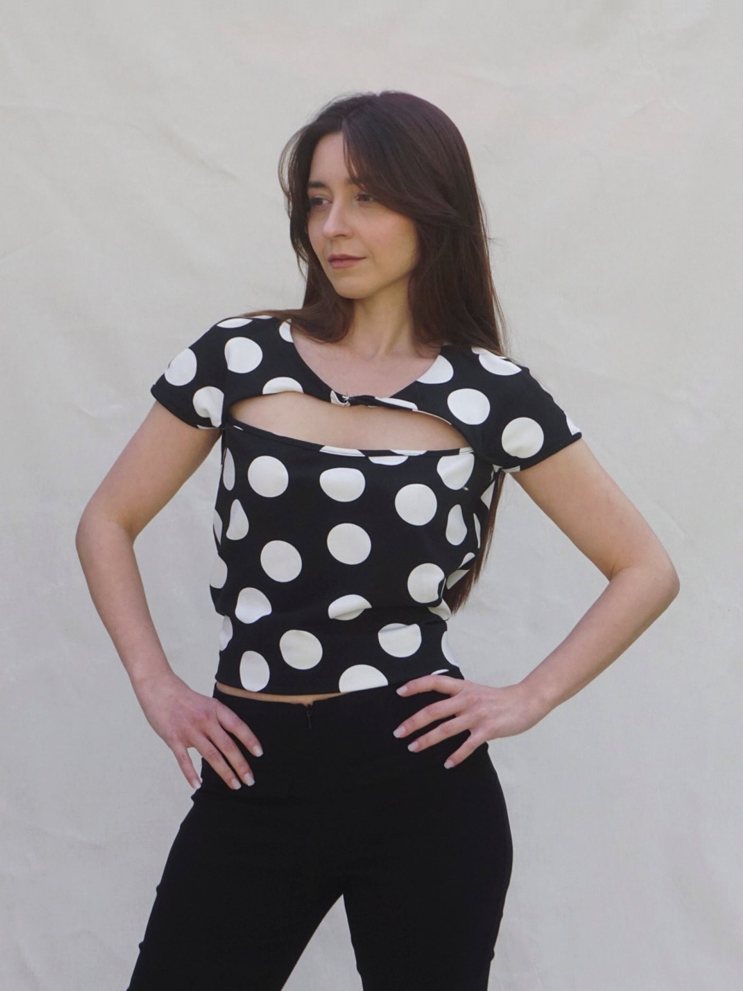 Black and White Cut Out Front Polka Dot Top -1