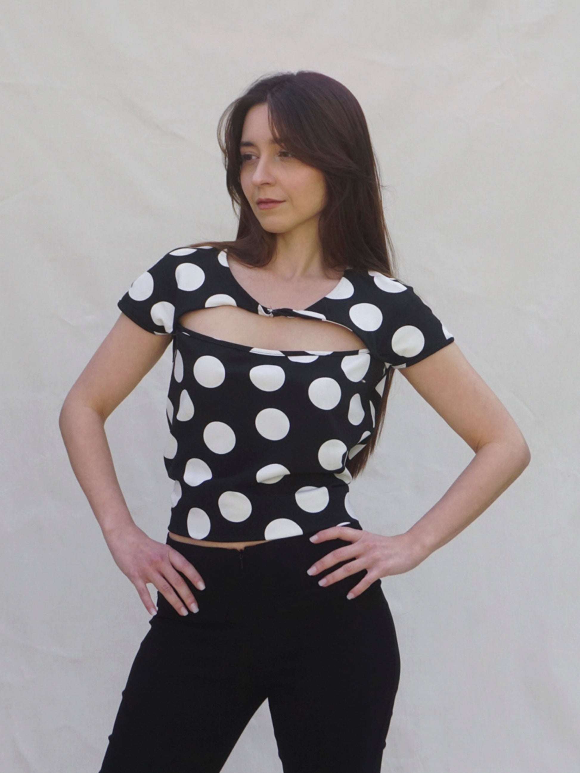 Black and White Cut Out Front Polka Dot Top -1