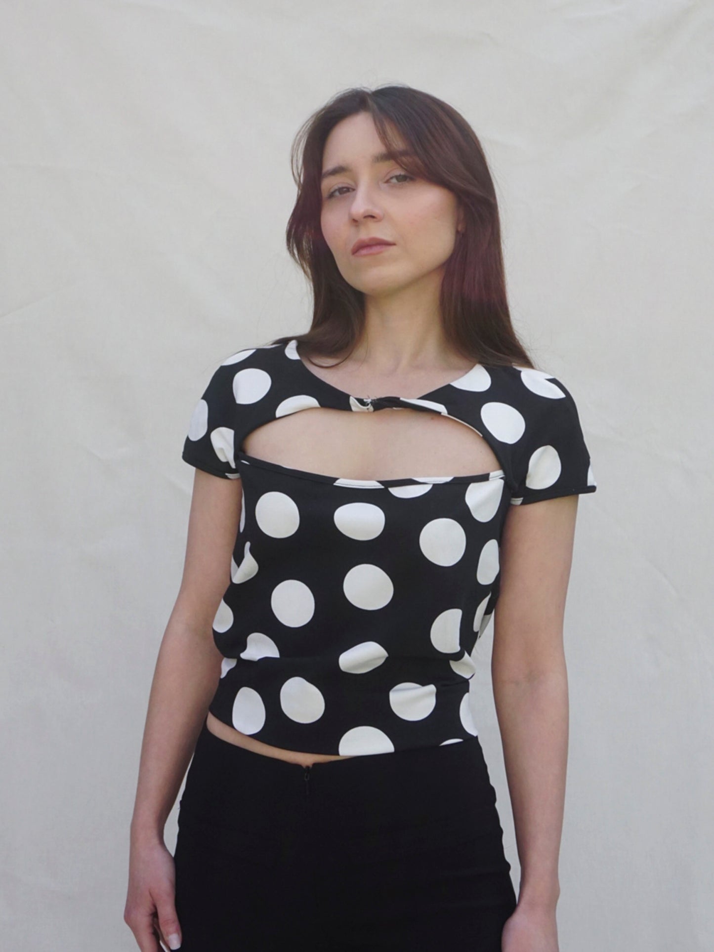 Black and White Cut Out Front Polka Dot Top - front