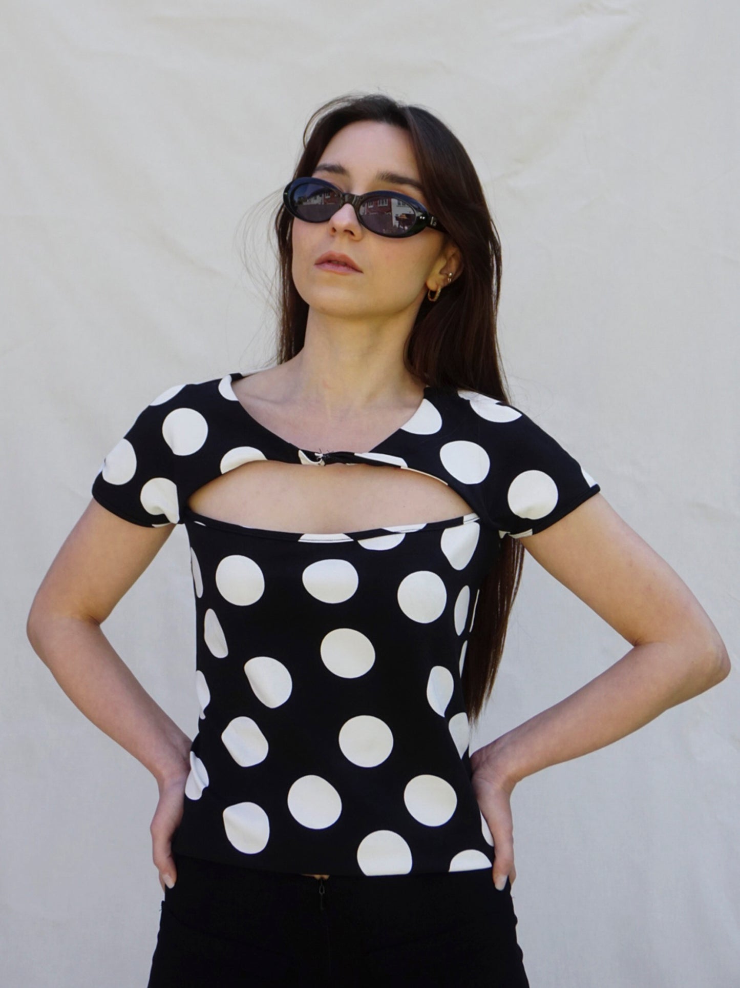 Black and White Cut Out Front Polka Dot Top