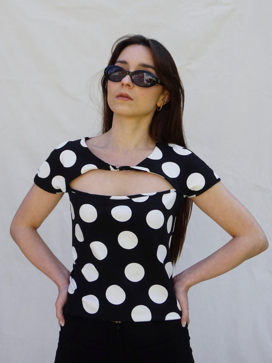 Black and White Cut Out Front Polka Dot Top