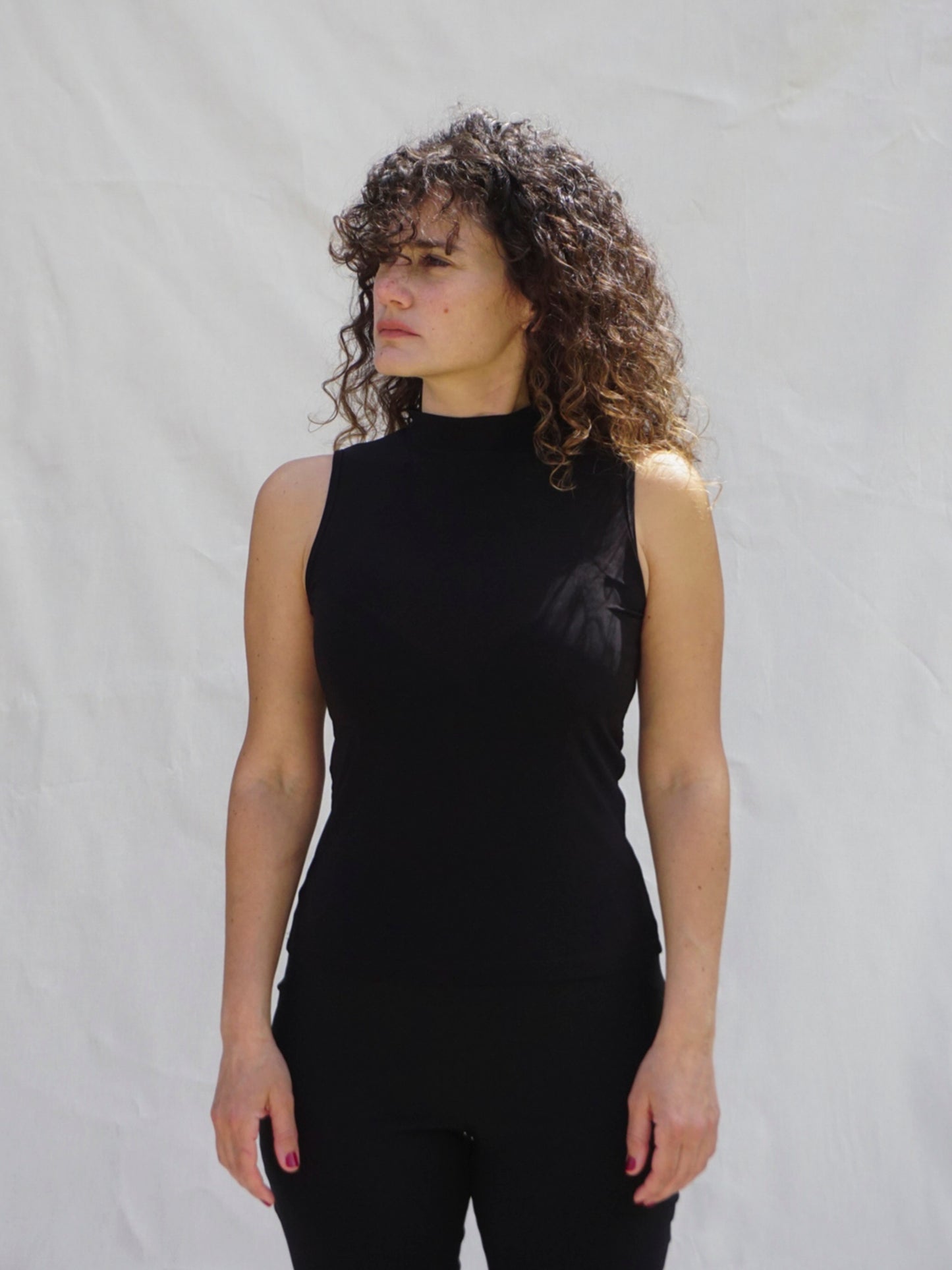 Black Slinky Mock Neck Sleeveless Top
