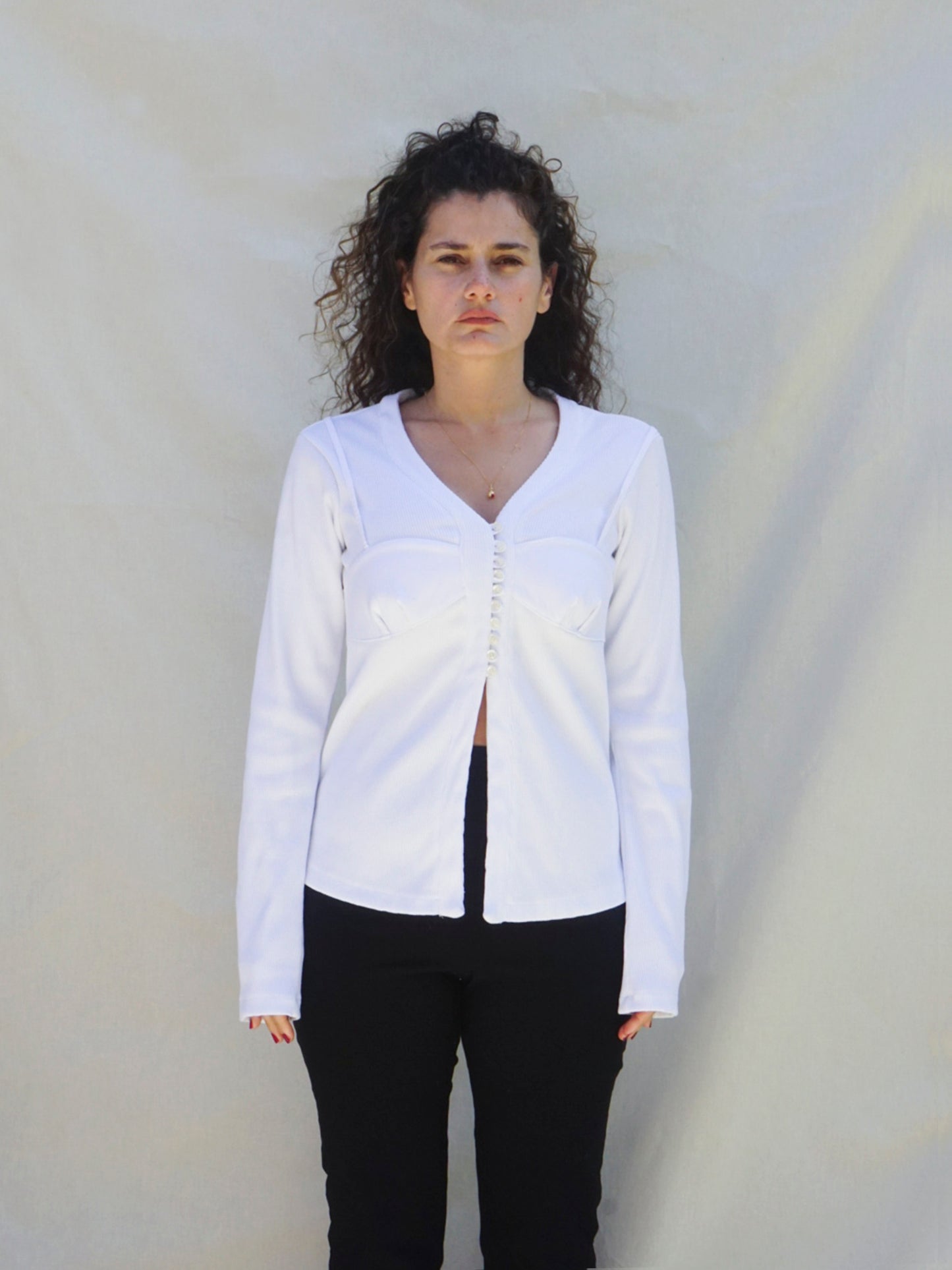 White V-Neck Buttoned Cardigan with Bust Detail - 100% Cotton