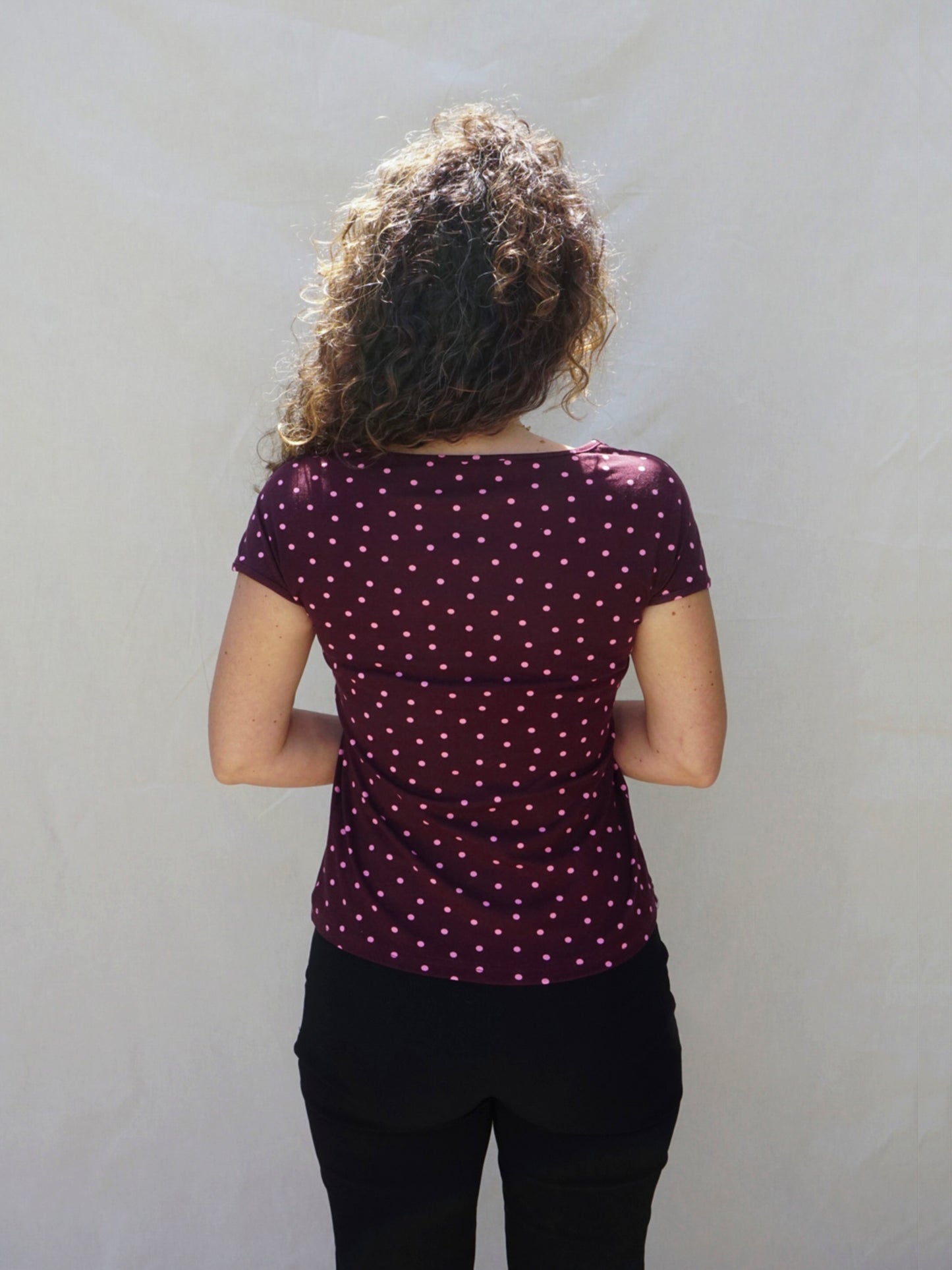 Brown- Pink Cut Out Front Polka Dot Top
