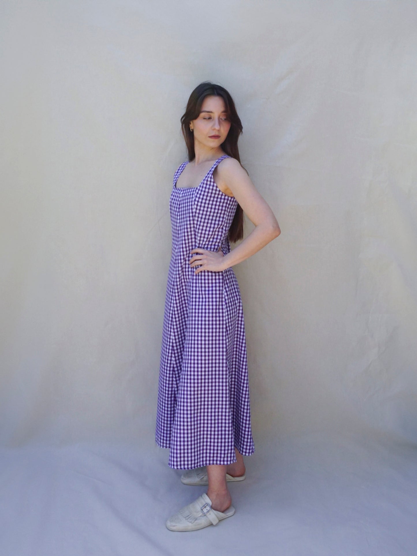 Purple Gingham Square Neck A Line Dress
- Front 2