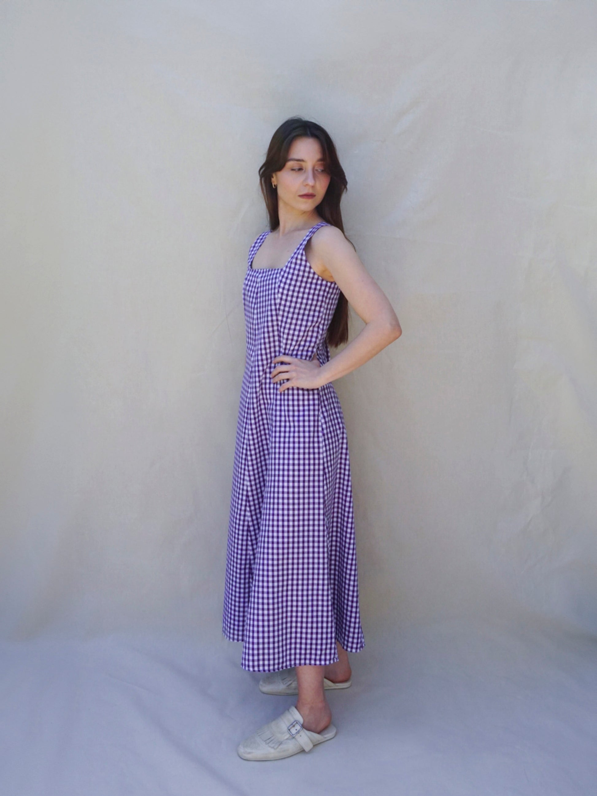 Purple Gingham Square Neck A Line Dress
- Front 2