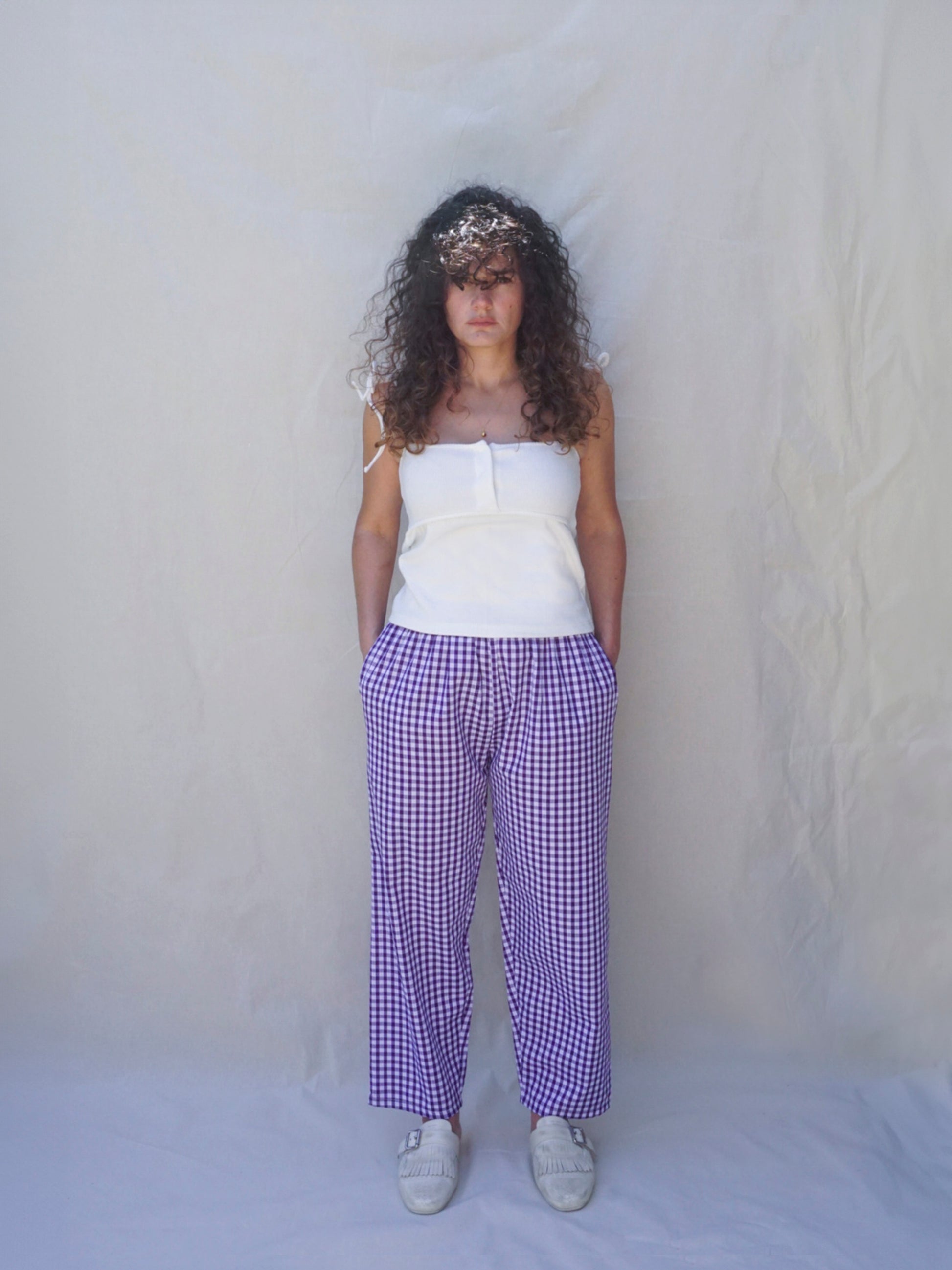 Purple Gingham Wide Leg Trousers - front