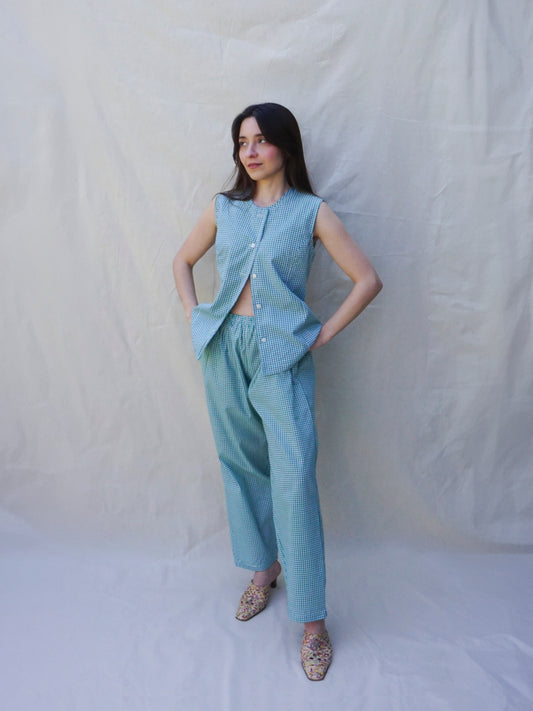 Green Gingham Elasticated Waist Trousers -front