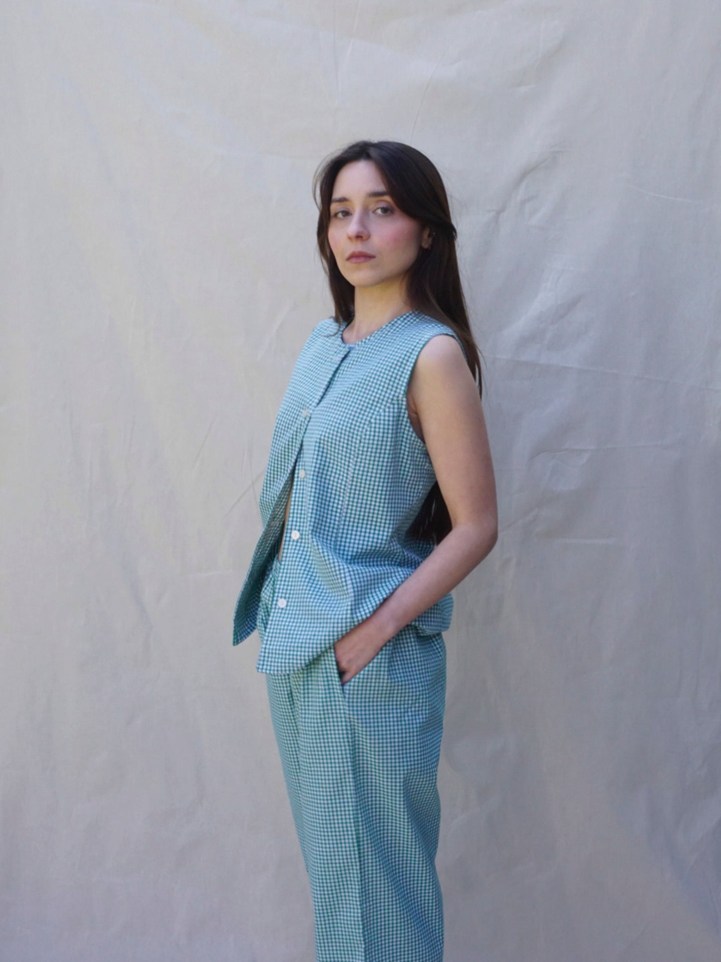 Green Gingham Co-ord Waistcoat -side 2