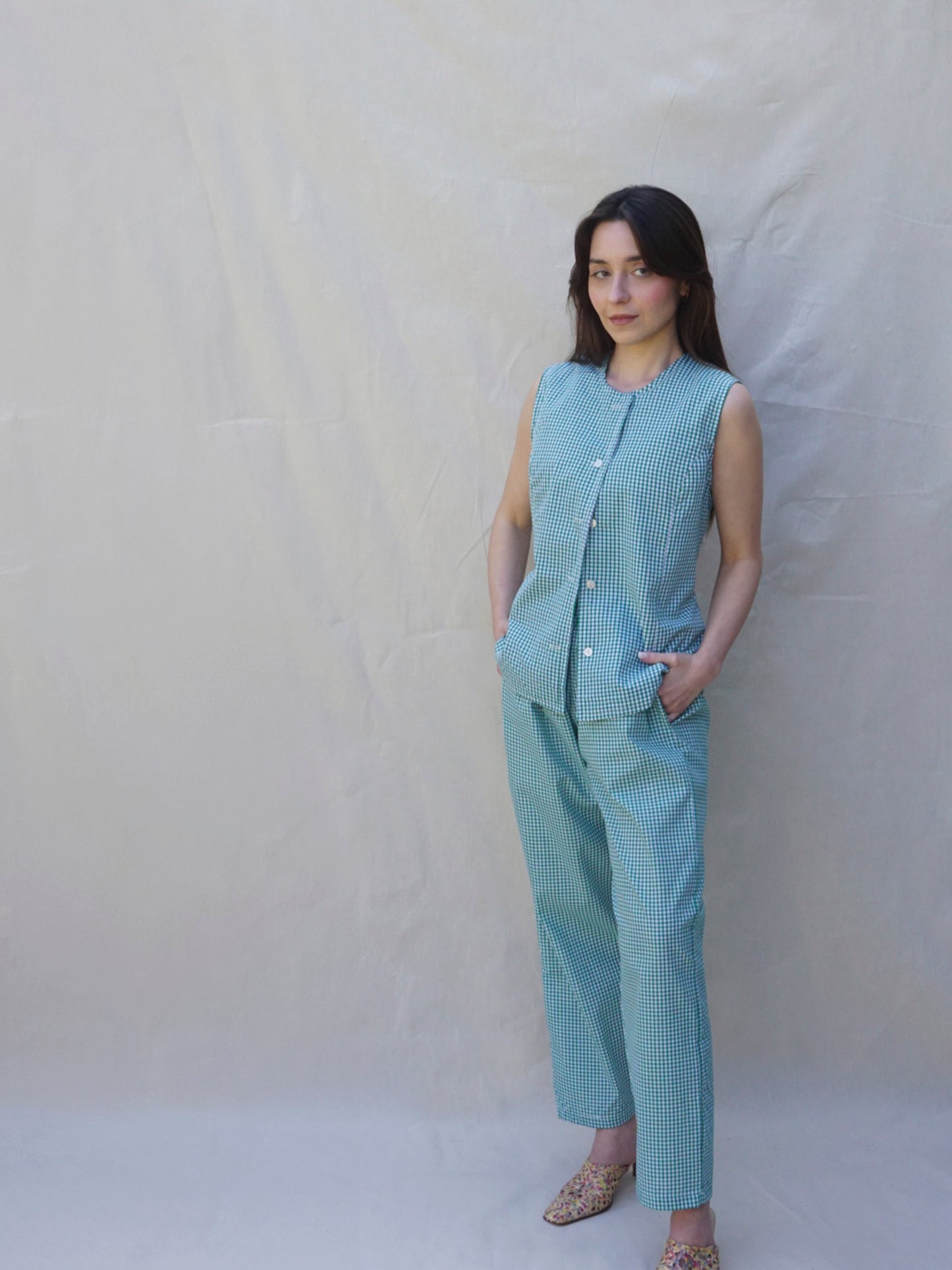 Green Gingham Elasticated Waist Trousers