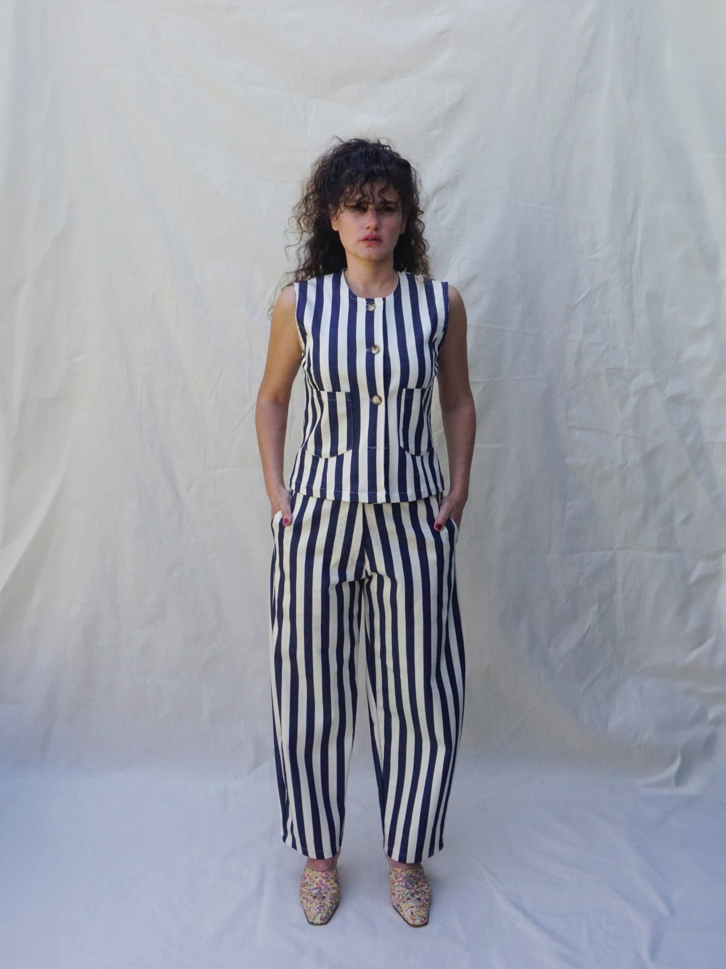 Navy-White Striped Wide Leg Co-ord Trousers