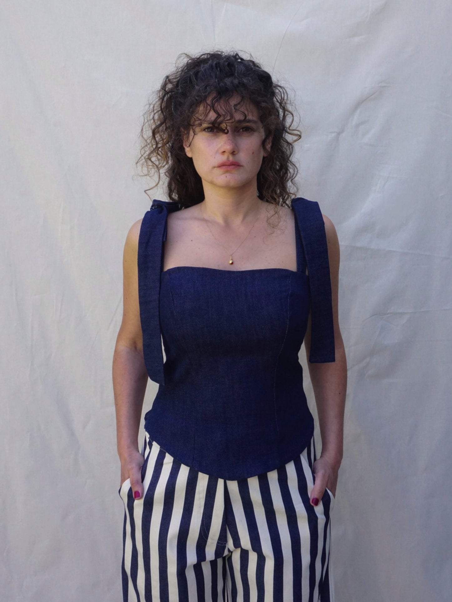 Dark Blue Wide-Strap Denim Bustier Top