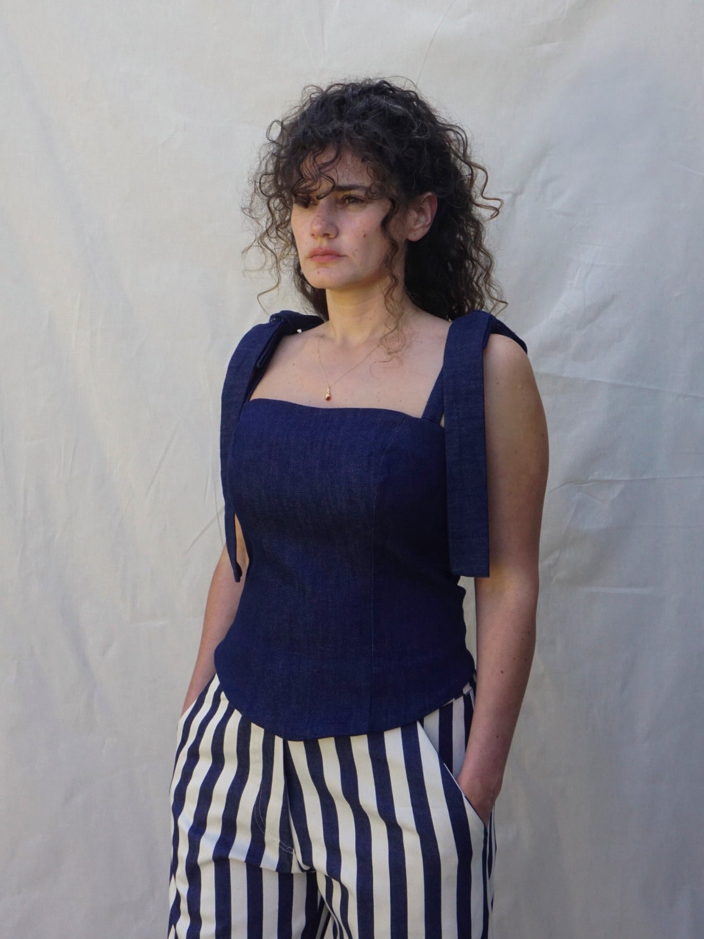 Dark Blue Wide-Strap Denim Bustier Top