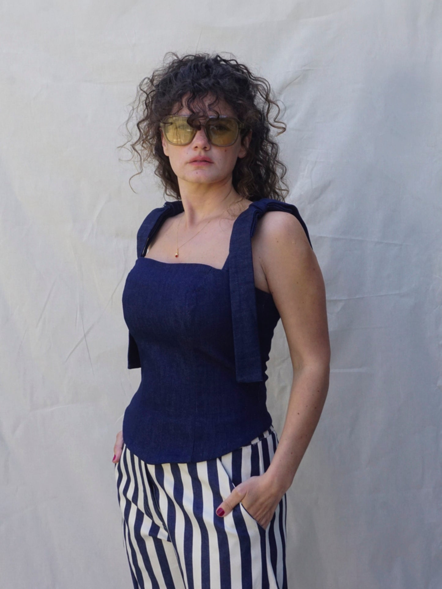 Dark Blue Wide-Strap Denim Bustier Top