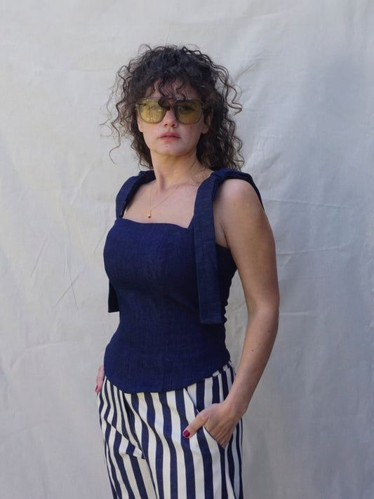 Dark Blue Wide-Strap Denim Bustier Top