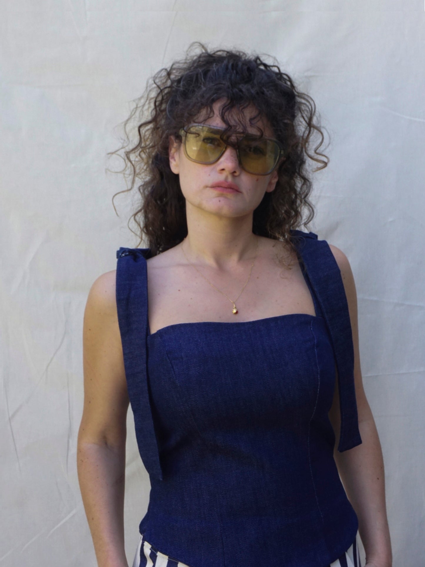Dark Blue Wide-Strap Denim Bustier Top