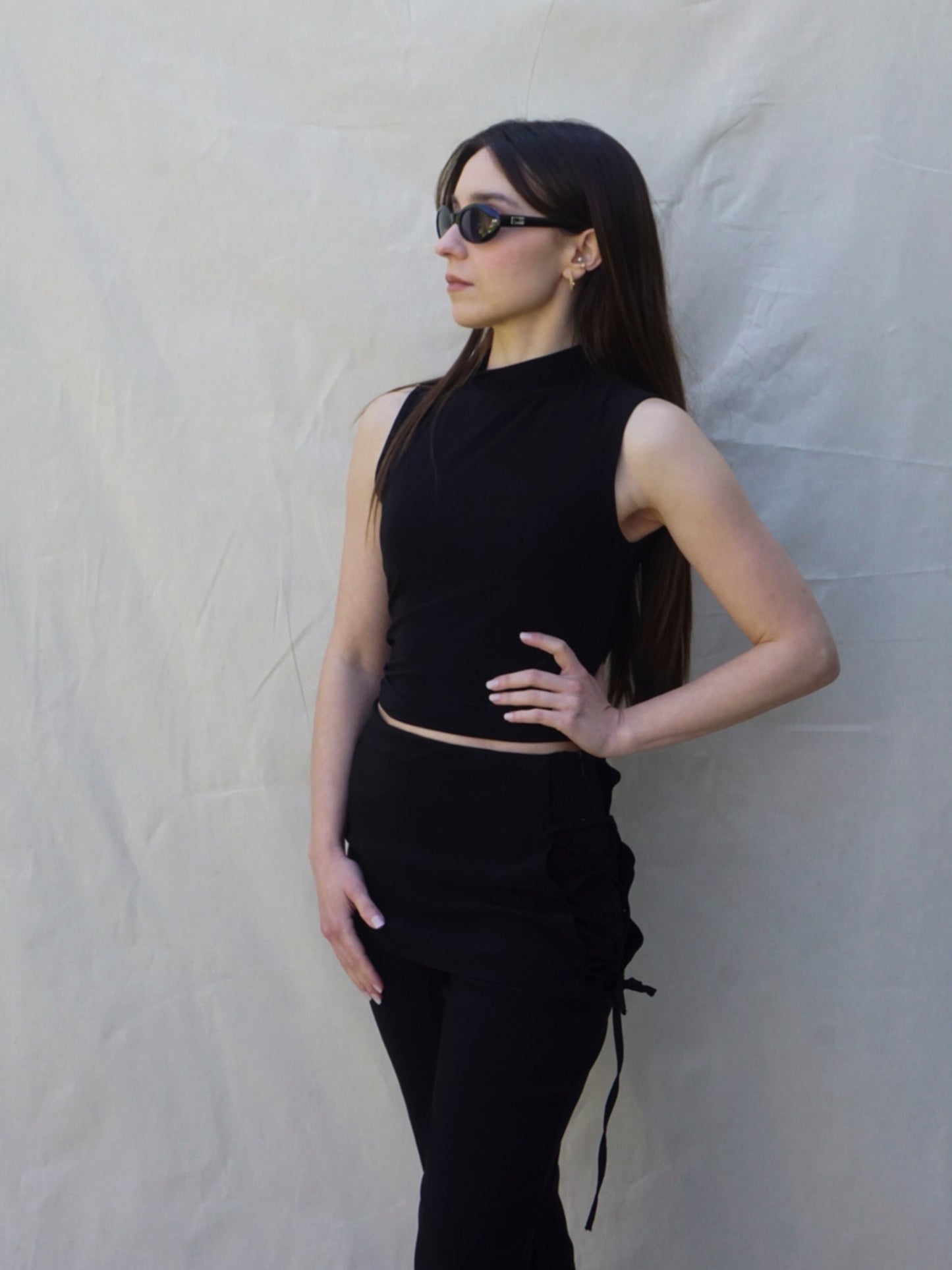Black Bengaline Trousers with Lace Up Overlay Skirt