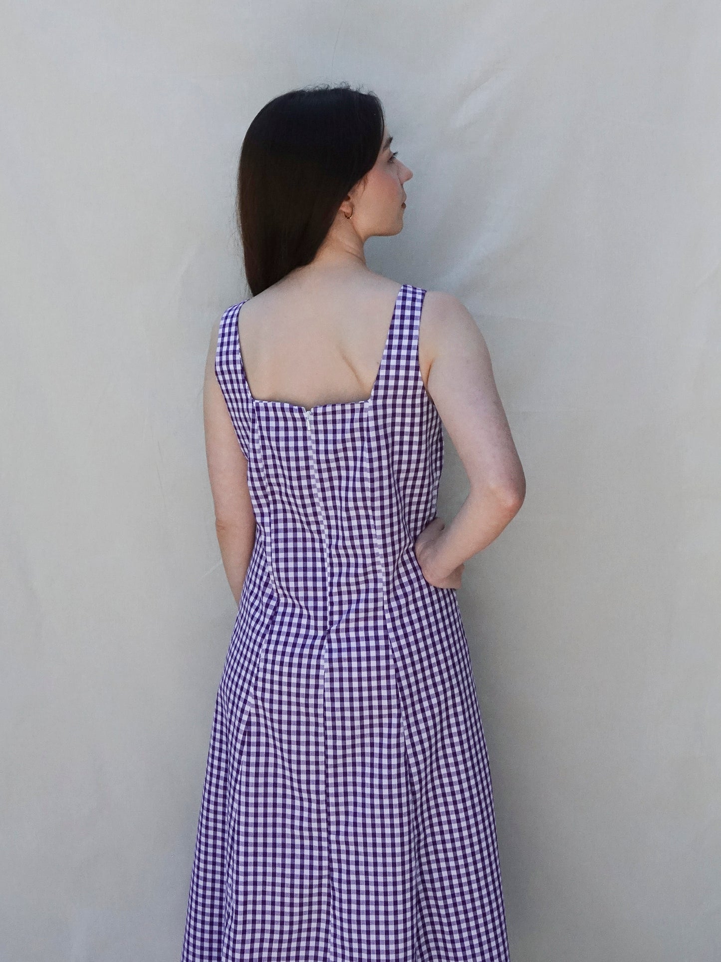 Purple Gingham Square Neck A Line Dress
- Back 2
