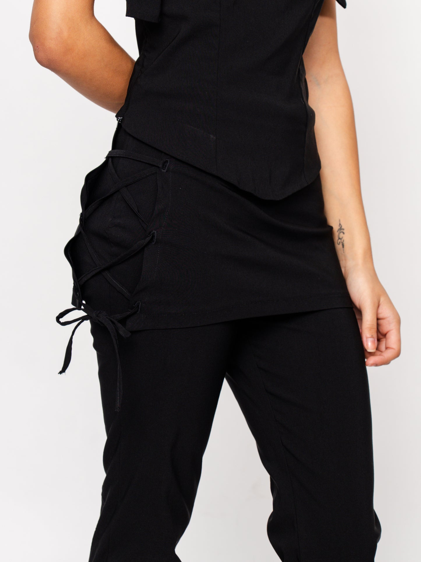 Black Bengaline Trousers with Lace Up Overlay Skirt