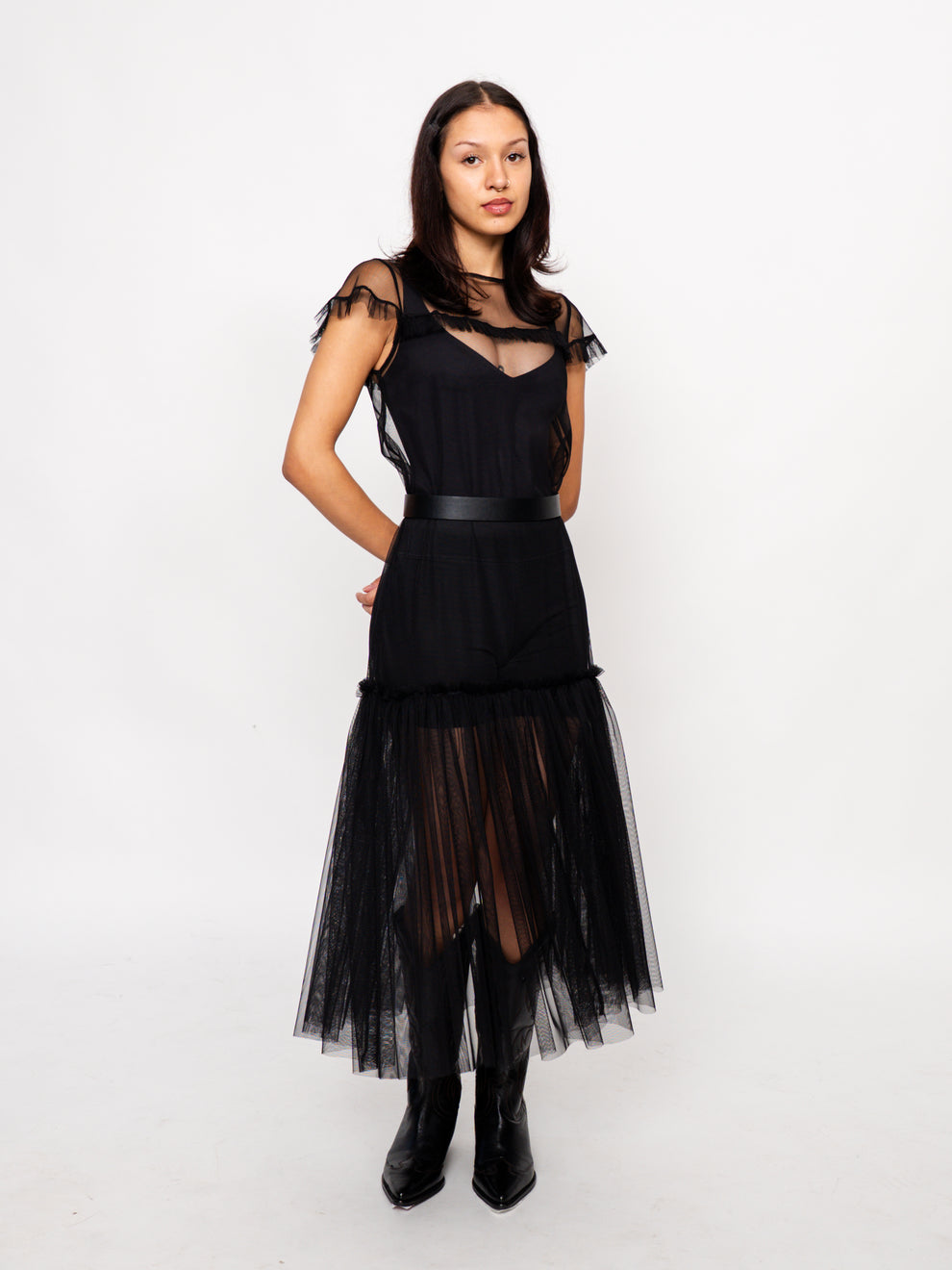 Black Tulle Maxi Dress with Ruffle