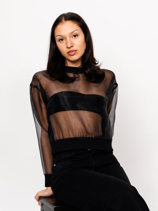 Black Long Sleeve Sheer Organza Top