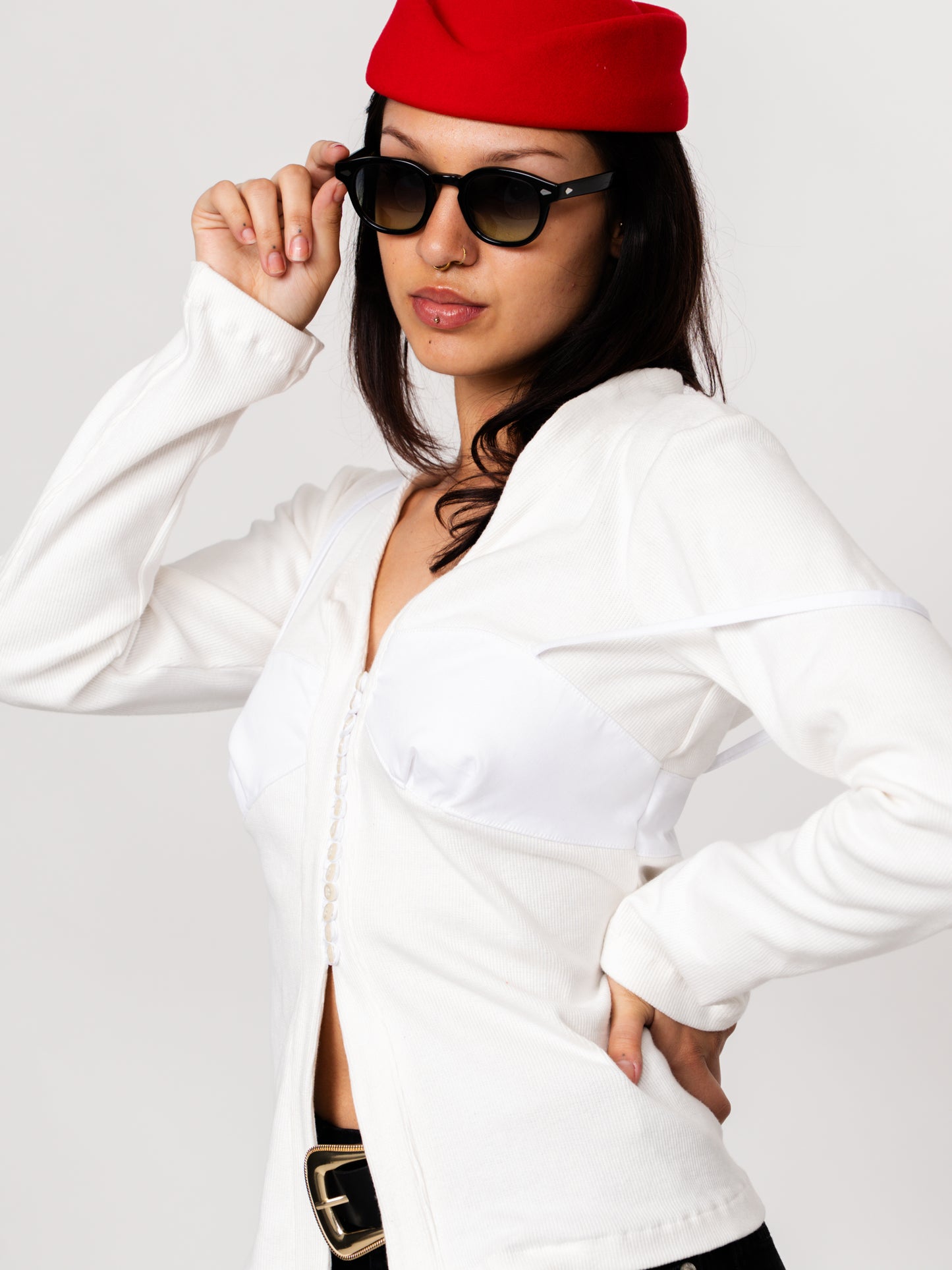 White V-Neck Buttoned Cardigan with Bust Detail - 100% Cotton