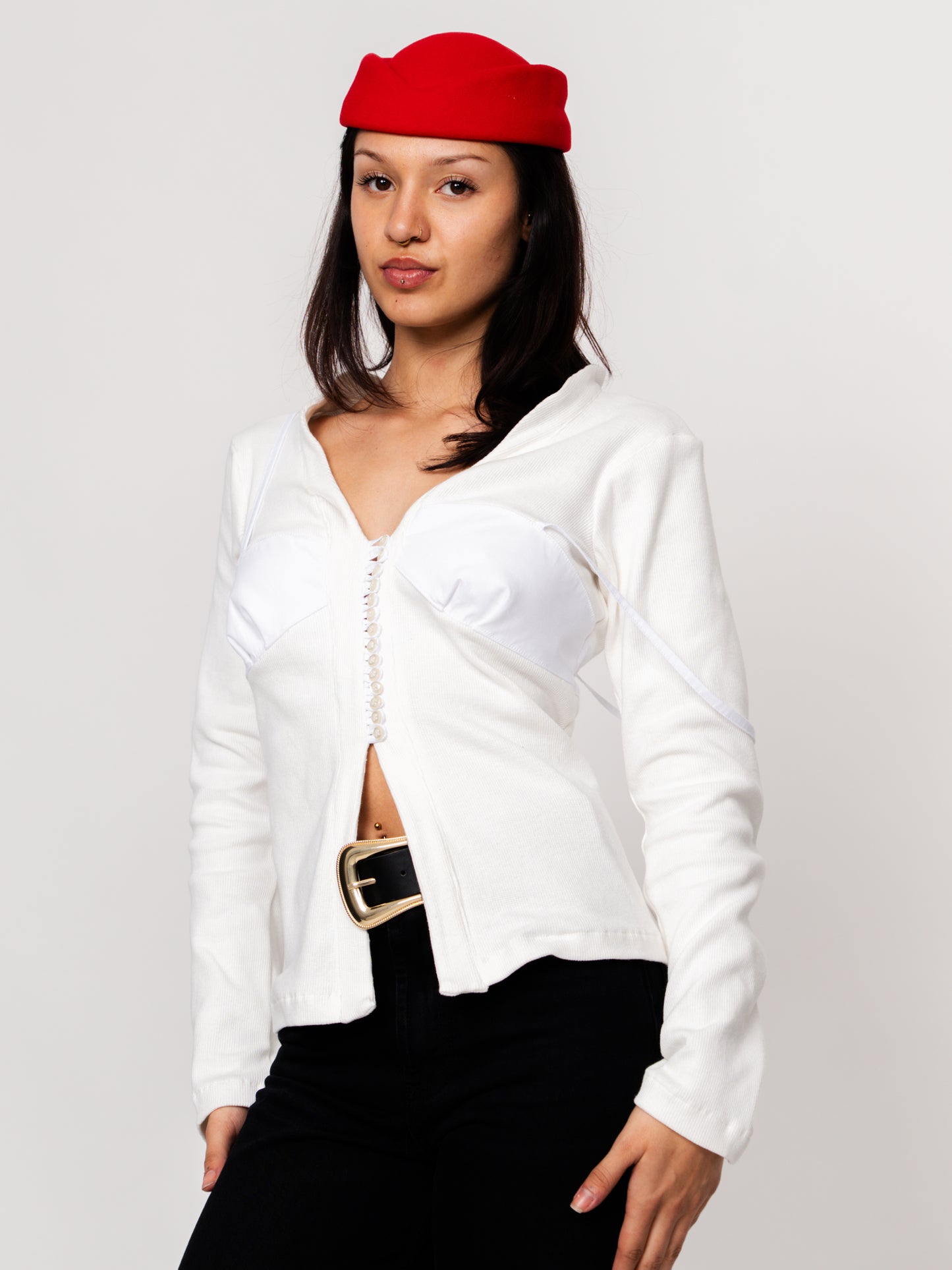 White V-Neck Buttoned Cardigan with Bust Detail - 100% Cotton