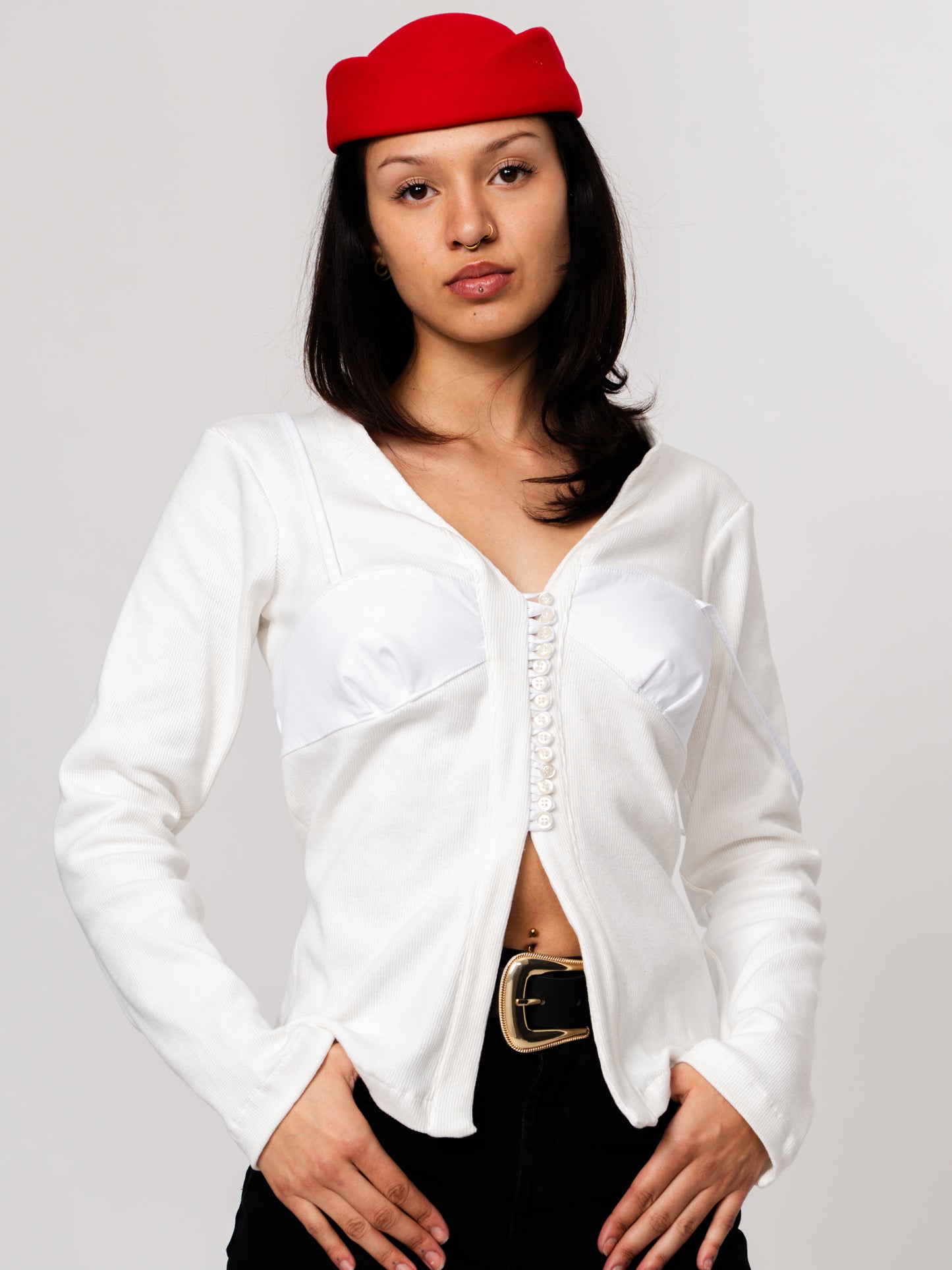 White V-Neck Buttoned Cardigan with Bust Detail - 100% Cotton