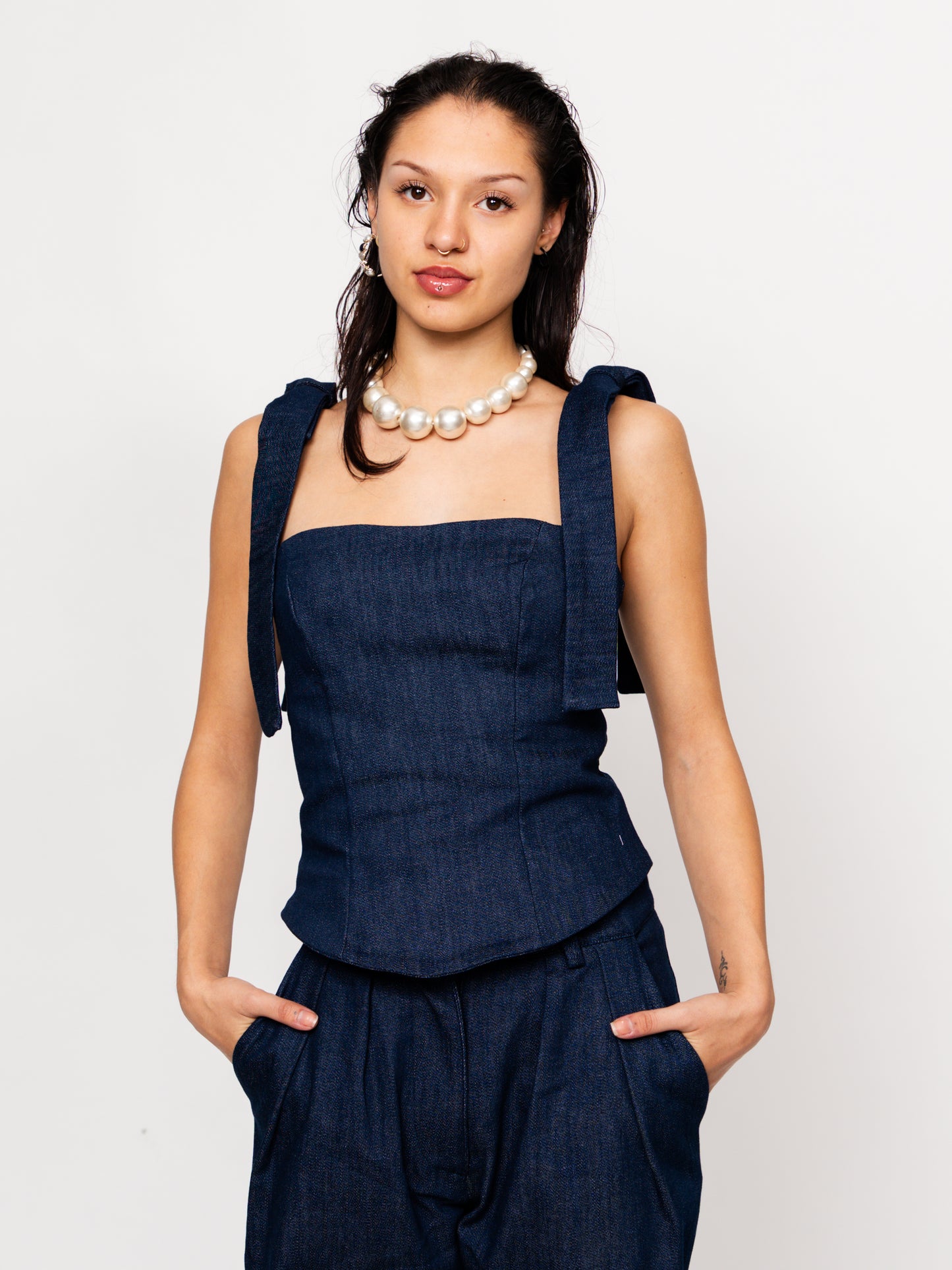 Dark Blue Wide-Strap Denim Bustier Top